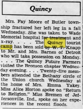 Quincy Camp (Quincy Tourist Camp) - May 07 1937 Article